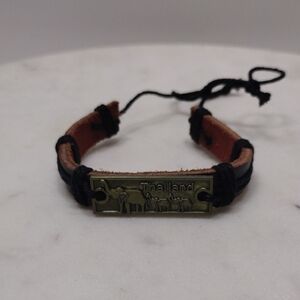 Bronze 3 Elephant with Thailand Black Leather Adjustable Bracelet BA-14